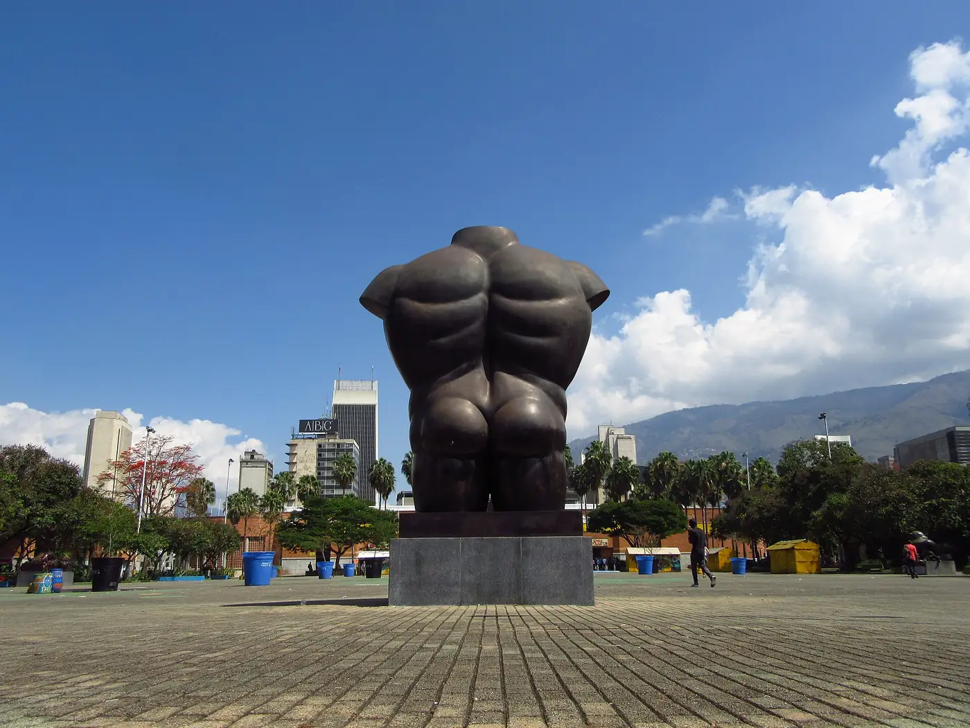 A Botero sculpture and the Coltejer tower in Parque San Antonio, Medellín